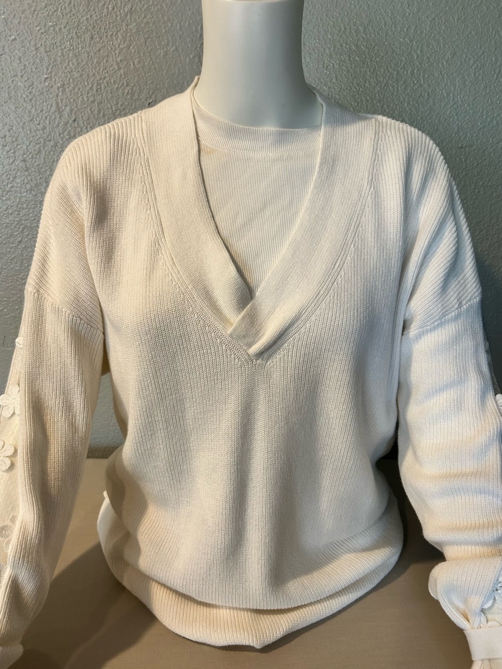 French Connection Caballo Knit Sweater Sheer Floral Lace Sleeve Cream S